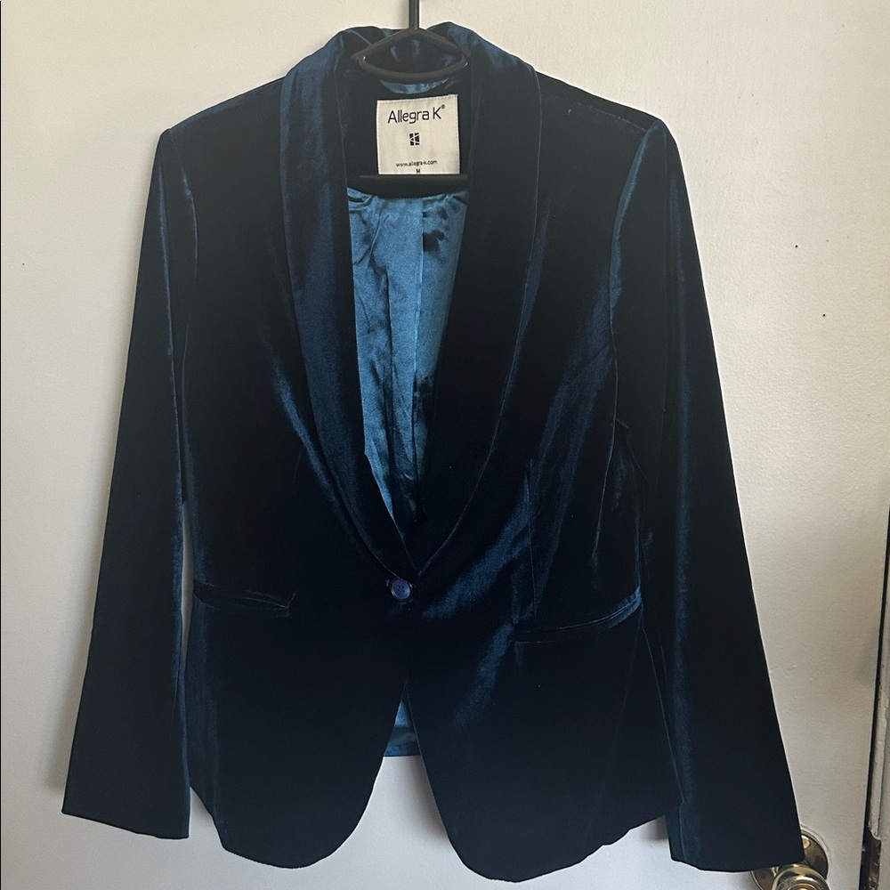 Allegra K Deep teal Blue Velvet Jacket with deep functional pockets